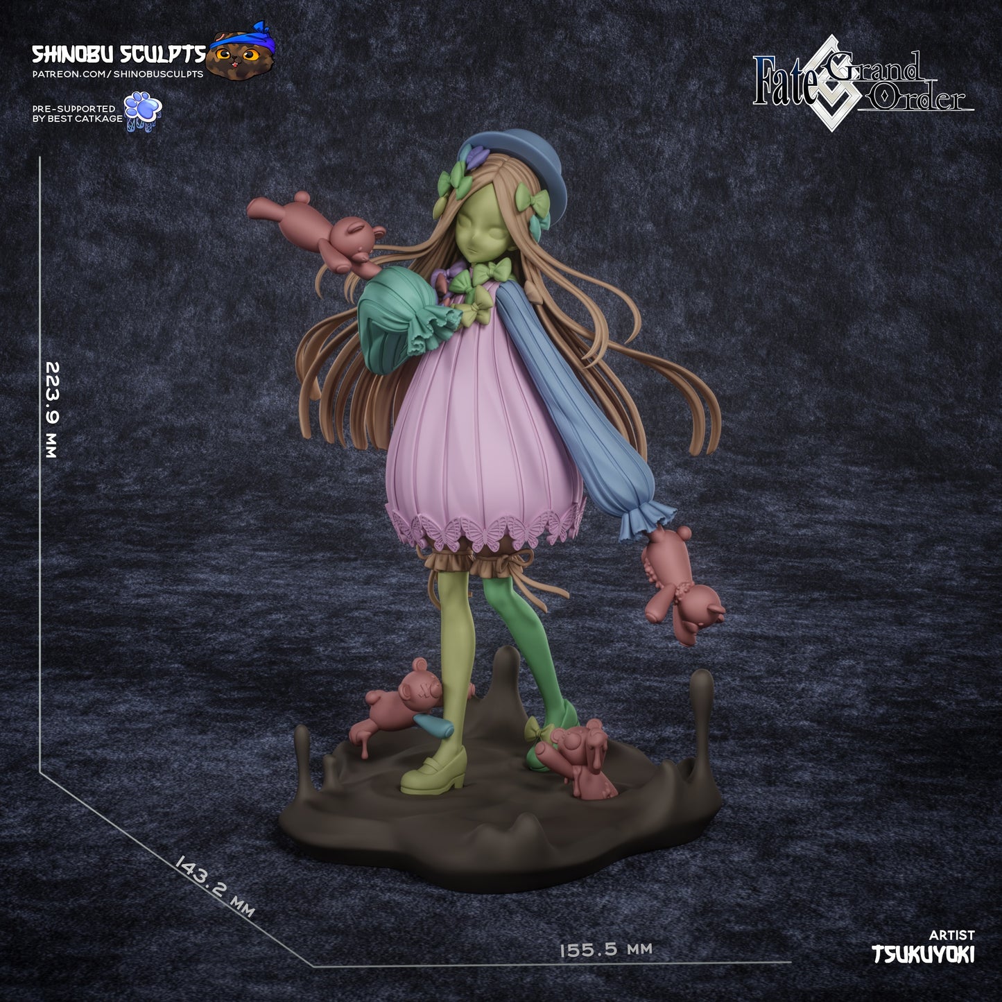 Dimension reference image of Abigail Williams 1:8 scale figure, showing height of 223.9mm and wide detailed base.