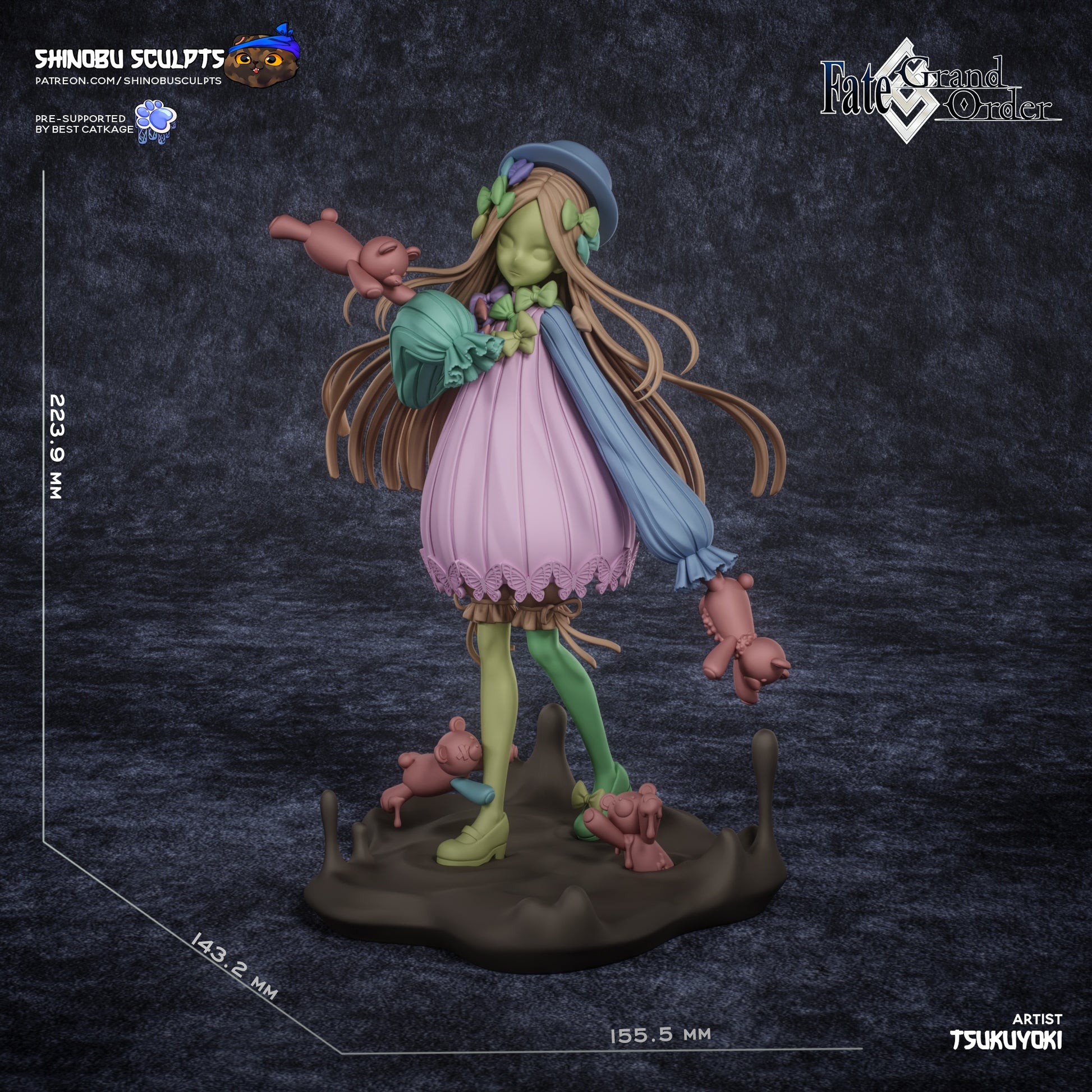 Dimension reference image of Abigail Williams 1:8 scale figure, showing height of 223.9mm and wide detailed base.