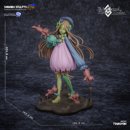 Dimension reference image of Abigail Williams 1:8 scale figure, showing height of 223.9mm and wide detailed base.