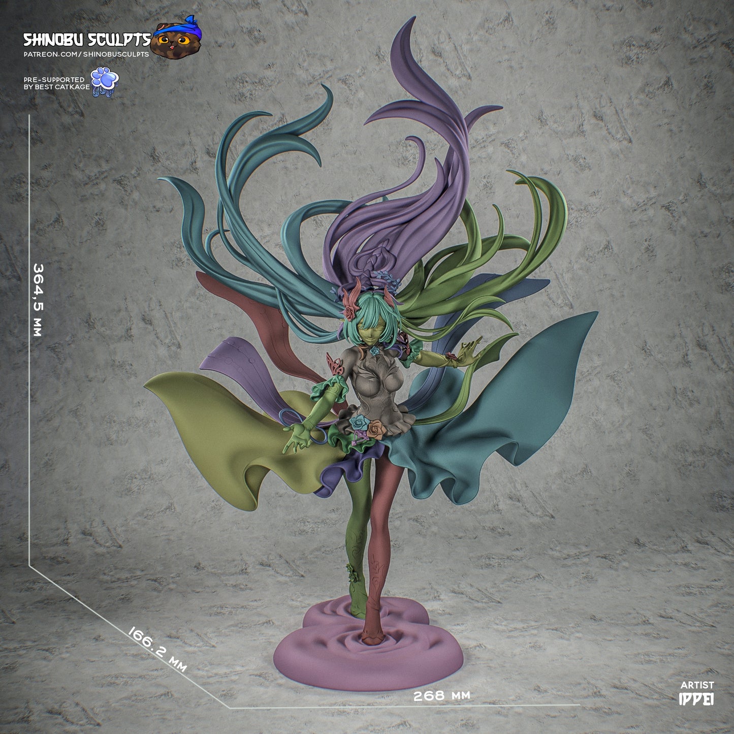 Cyrene Honkai Star Rail 1:8 scale figure size reference showing statue height, width, and depth with dynamic pose, extended hair, dress panels, and circular base.