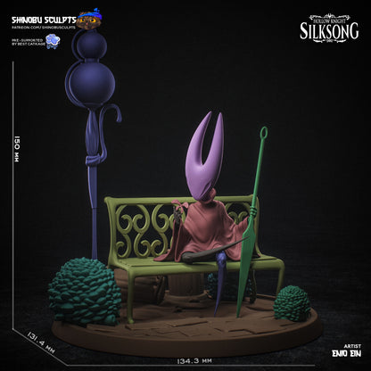 Hornet Hollow Knight Silksong 1:8 scale painted statue closeup, sitting on bench with red cloak, holding needle weapon, background forest setting.