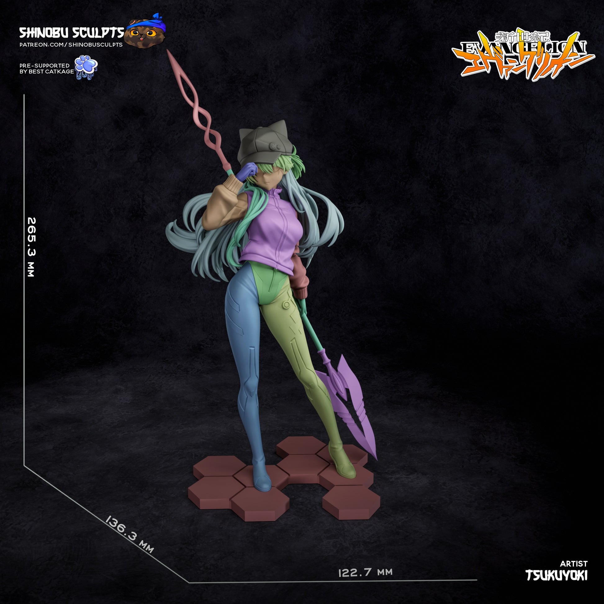 Asuka Langley fully assembled model in color-block layout displaying part segmentation and measurements.