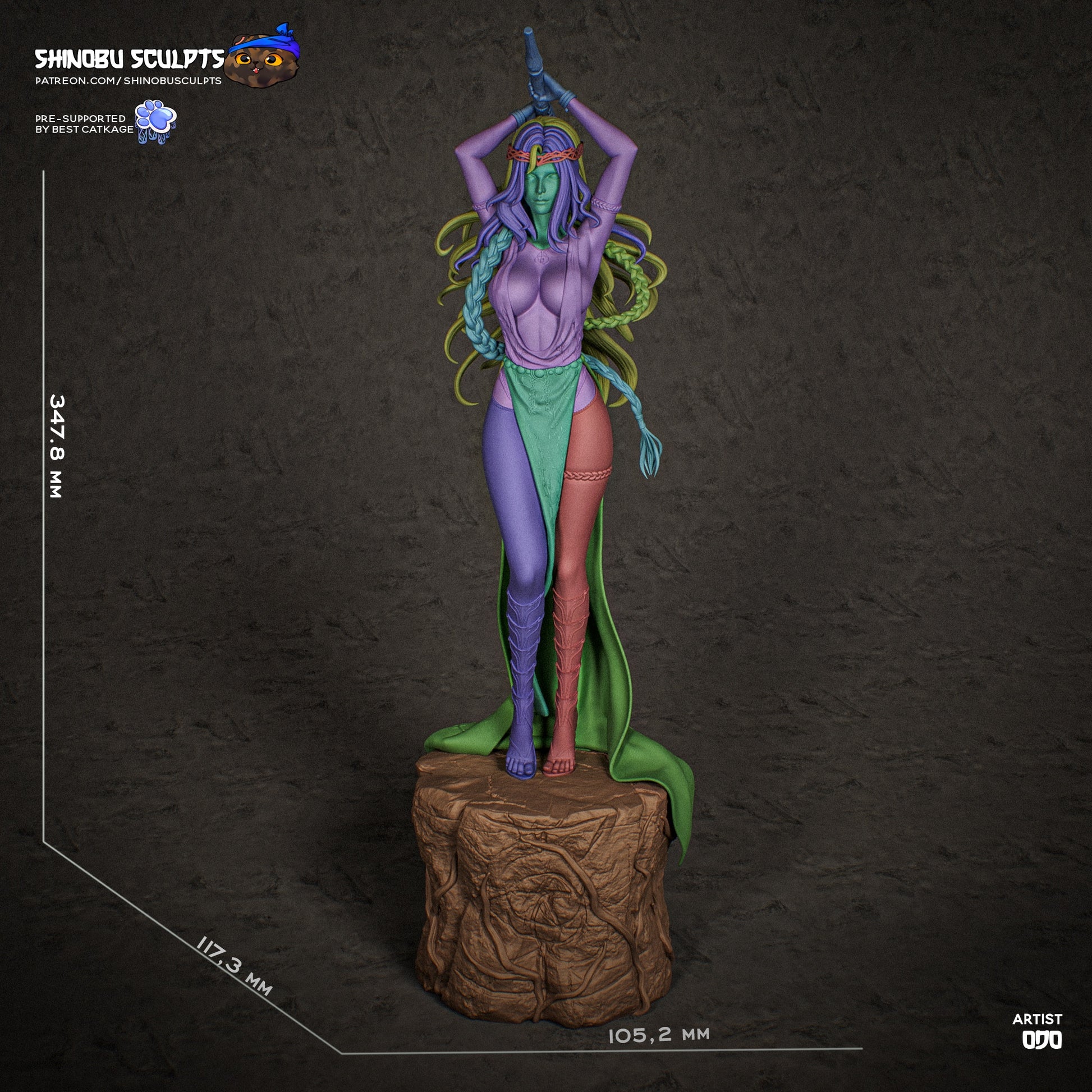 Marika Elden Ring 1:8 scale statue dimension sheet showing height, width, depth measurements and part segmentation overlay.