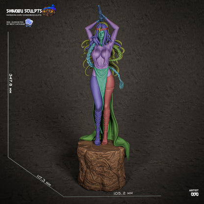 Marika Elden Ring 1:8 scale statue dimension sheet showing height, width, depth measurements and part segmentation overlay.