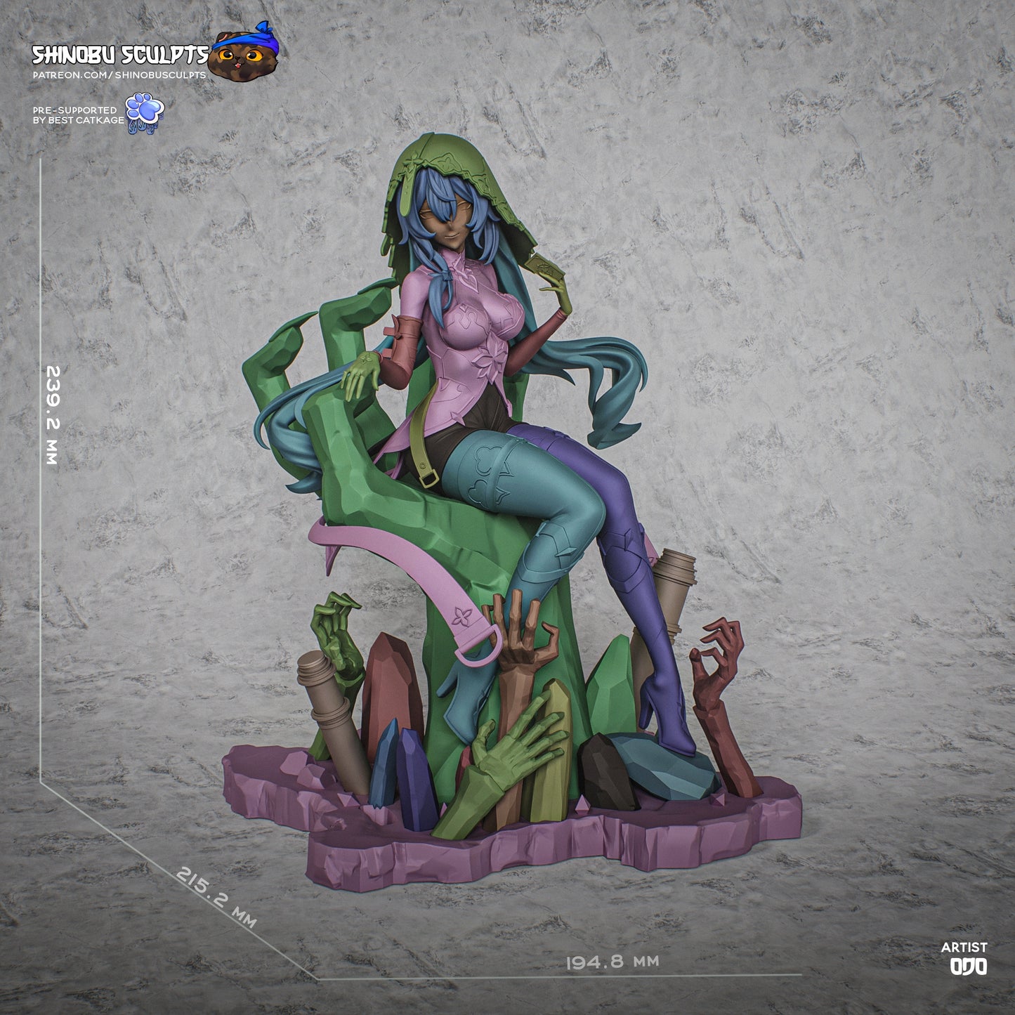 Full-color render of Black Swan from Honkai: Star Rail, seated on a throne made of spectral hands and crystals, holding a tarot card and wearing her detailed hooded outfit.