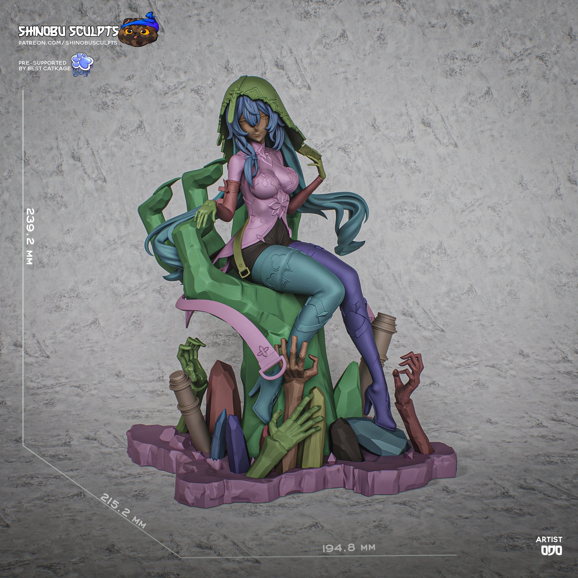 Full-color render of Black Swan from Honkai: Star Rail, seated on a throne made of spectral hands and crystals, holding a tarot card and wearing her detailed hooded outfit.