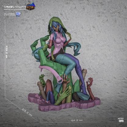 Full-color render of Black Swan from Honkai: Star Rail, seated on a throne made of spectral hands and crystals, holding a tarot card and wearing her detailed hooded outfit.