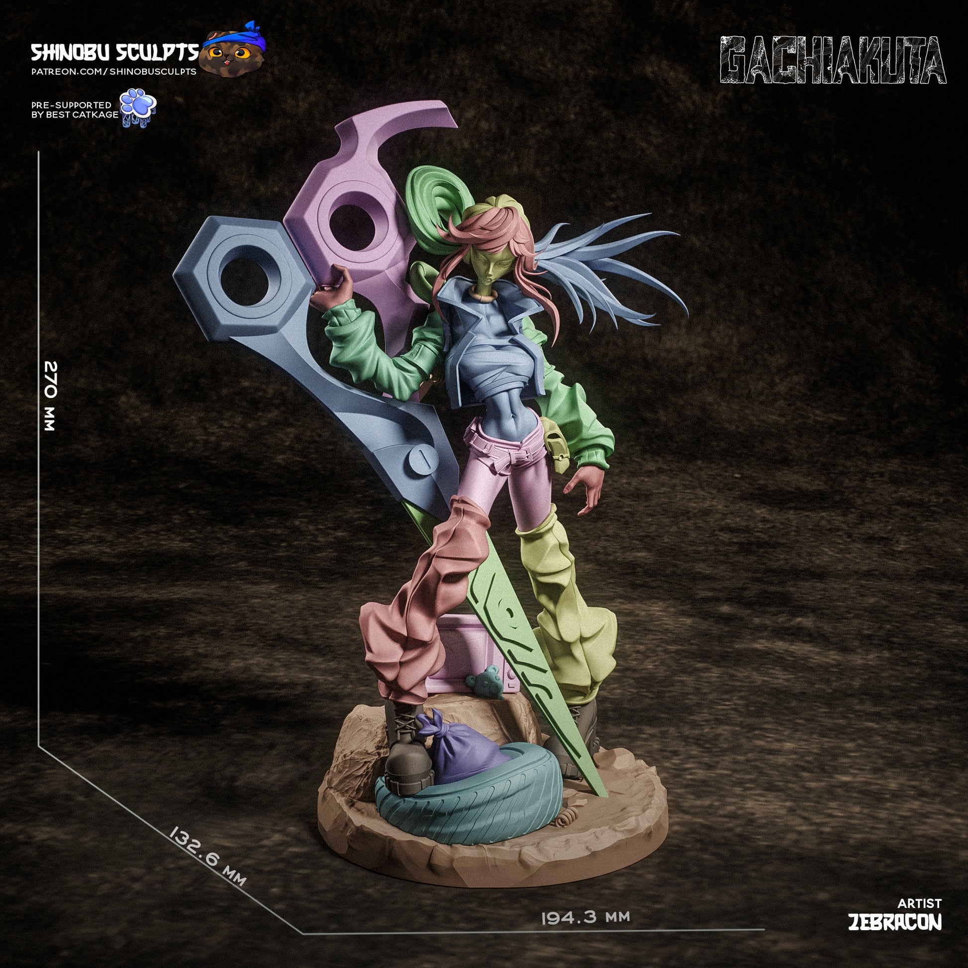 Dimension reference image of Riyo Reaper 1:8 scale figure, measuring 270mm tall with a wide, detailed base.