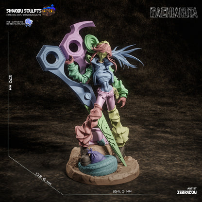 Dimension reference image of Riyo Reaper 1:8 scale figure, measuring 270mm tall with a wide, detailed base.