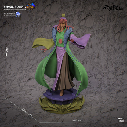 Qi Rong full assembled figure color render with robe details, alternate hair and outfit accents shown on marble background.