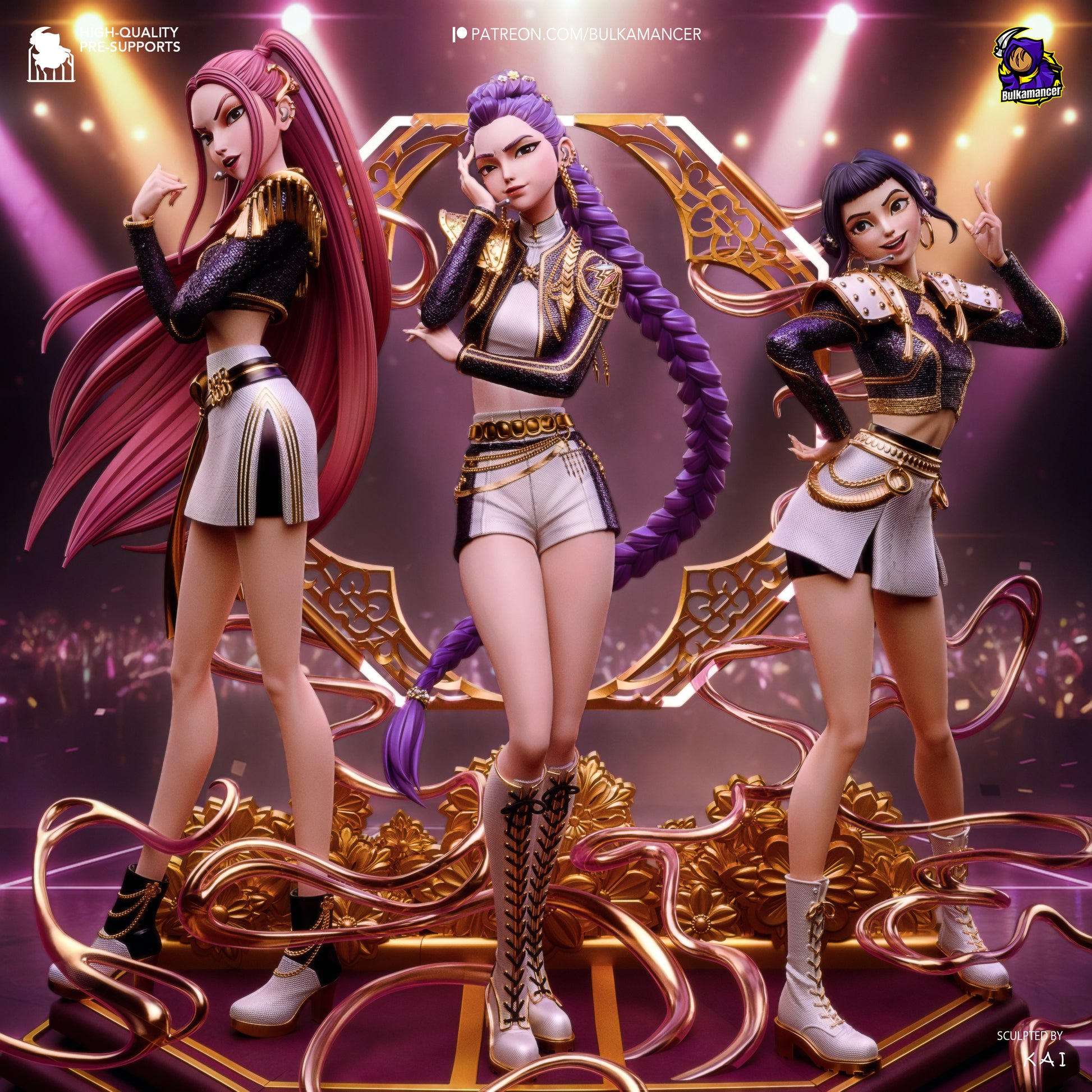 K-Pop Demon Hunters diorama full color featuring Mira, Zoey, and Rumi on concert stage base with flowing ribbons and spotlight backdrop.