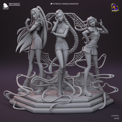 K-Pop Demon Hunters grayscale render of Mira, Zoey, and Rumi trio showing sculpted details and decorative base elements.