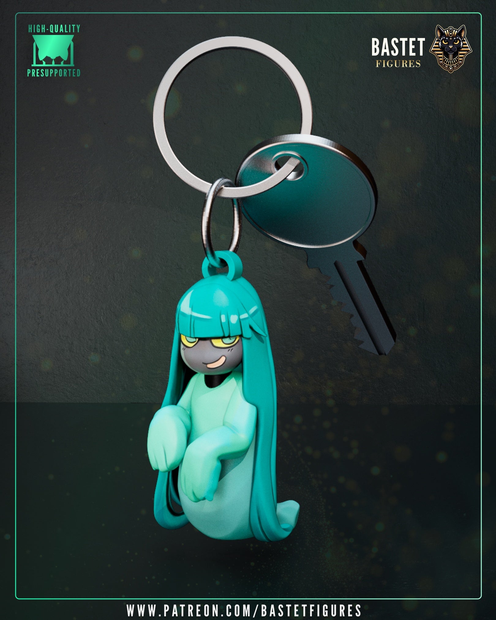 Dora keychain from Hades showing chibi ghost character with long hair, dangling pose, attached to metal keyring