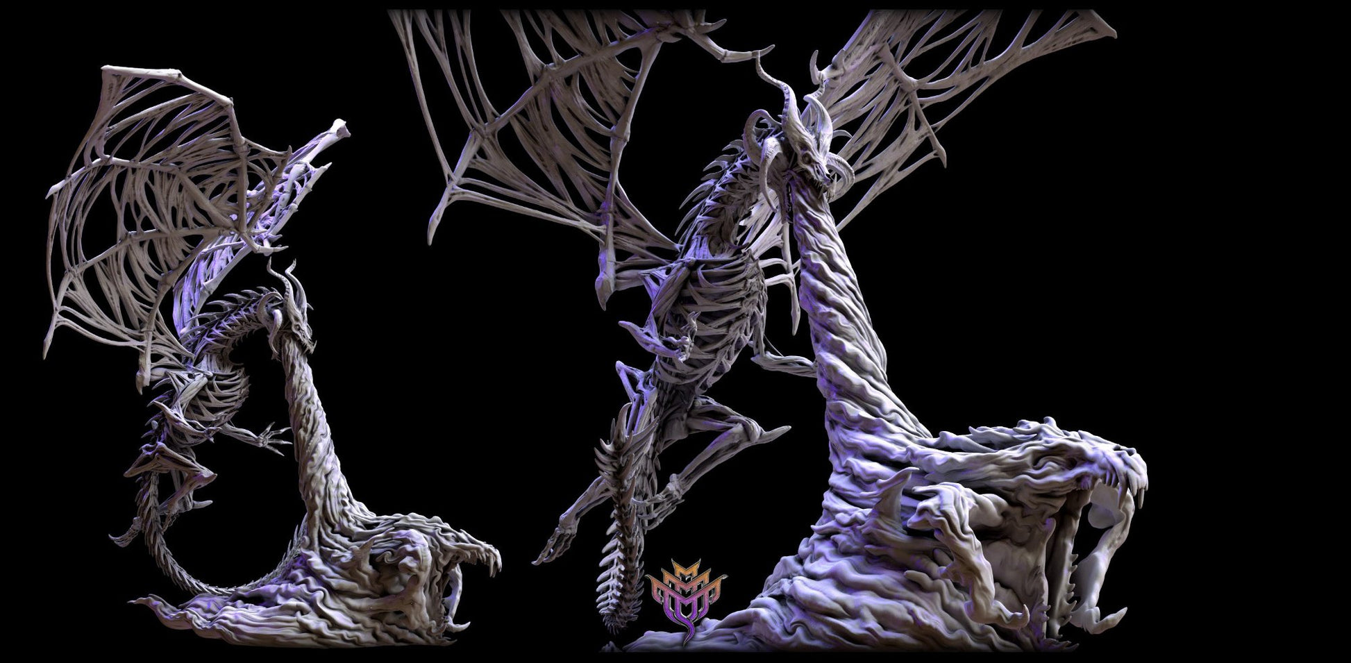 Dracolich miniature standing on a swirling necrotic energy base, its skeletal body posed menacingly with outstretched ribbed wings.