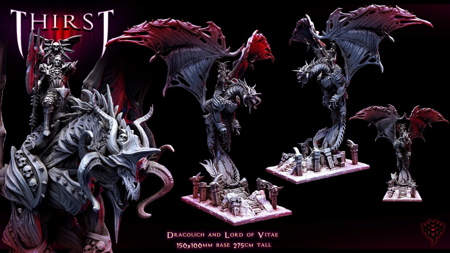 A vampire lord in dark armor holding a menacing staff, mounted on a dracolich with skeletal wings and sharp horns, positioned on a detailed gothic base with stairs and pillars.