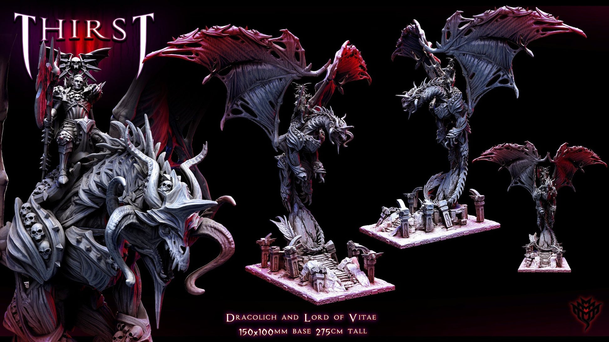 A vampire lord in dark armor holding a menacing staff, mounted on a dracolich with skeletal wings and sharp horns, positioned on a detailed gothic base with stairs and pillars.