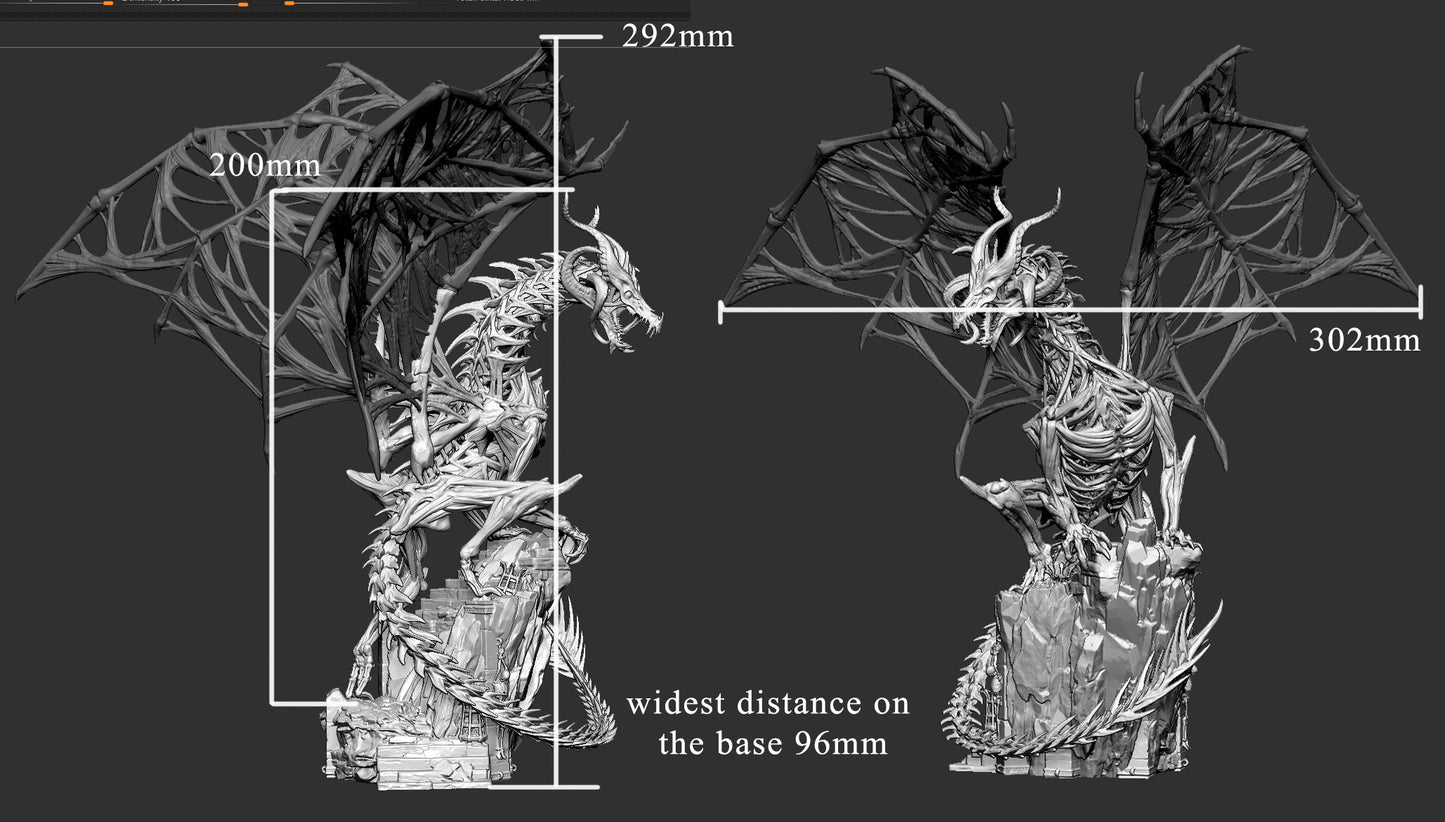 Dimensions picture of the skeleton dragon miniature with webbed wings, showcasing its fearsome, ethereal design.