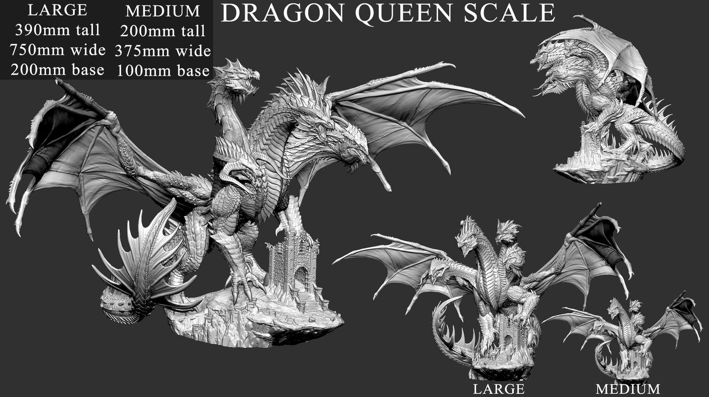 Dragon Queen model with size comparisons for large and medium versions, featuring five dragon heads arguing over which one will get the biggest slice of victory.