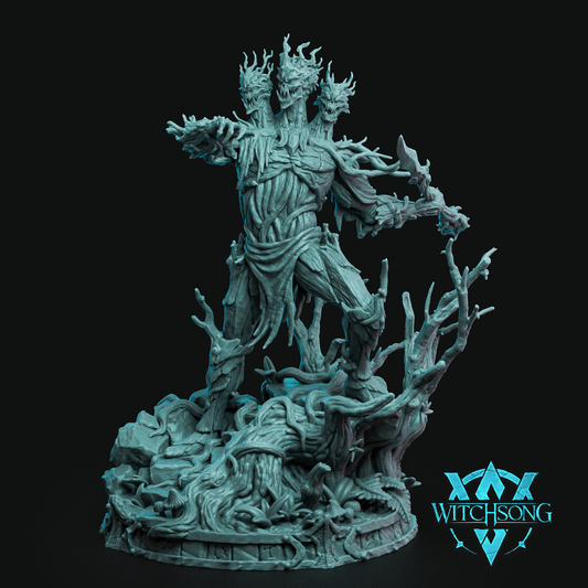 Dryad Kings treant resin miniature with three snarling wooden heads twisted roots bark-covered body and ancient forest guardian styling for Dungeons and Dragons Pathfinder and fantasy tabletop RPGs