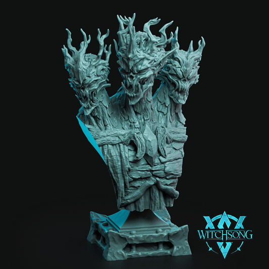 Dryad Kings treant bust resin display model featuring three monstrous wooden faces twisted branches ancient bark textures and corrupted forest spirit details for fantasy collectors and Dungeons and Dragons fans