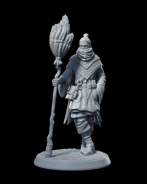 Miniature of Cedric Stormweaver, a robed spellcaster holding a broom stick and walking forward with a calm, commanding stance.