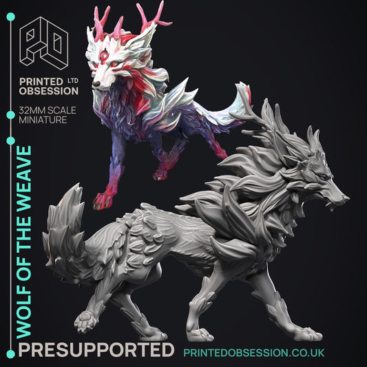 A 3D-printed miniature of the Wolf of the Weave, showcasing a nature-inspired design with crystal-like elements, ideal for use in fantasy tabletop RPGs like Dungeons & Dragons, Pathfinder, or Warhammer.