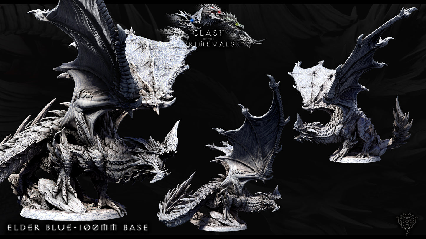 Three-view display of Elder Blue Dragon miniature on 100mm base, showcasing intricate scale work, extended wingspan, and dynamic pose from Clash of the Primevals fantasy model series.