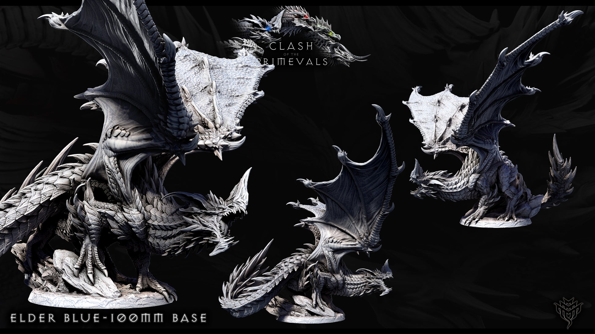 Three-view display of Elder Blue Dragon miniature on 100mm base, showcasing intricate scale work, extended wingspan, and dynamic pose from Clash of the Primevals fantasy model series.