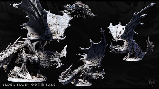 Three-view display of Elder Blue Dragon miniature on 100mm base, showcasing intricate scale work, extended wingspan, and dynamic pose from Clash of the Primevals fantasy model series.