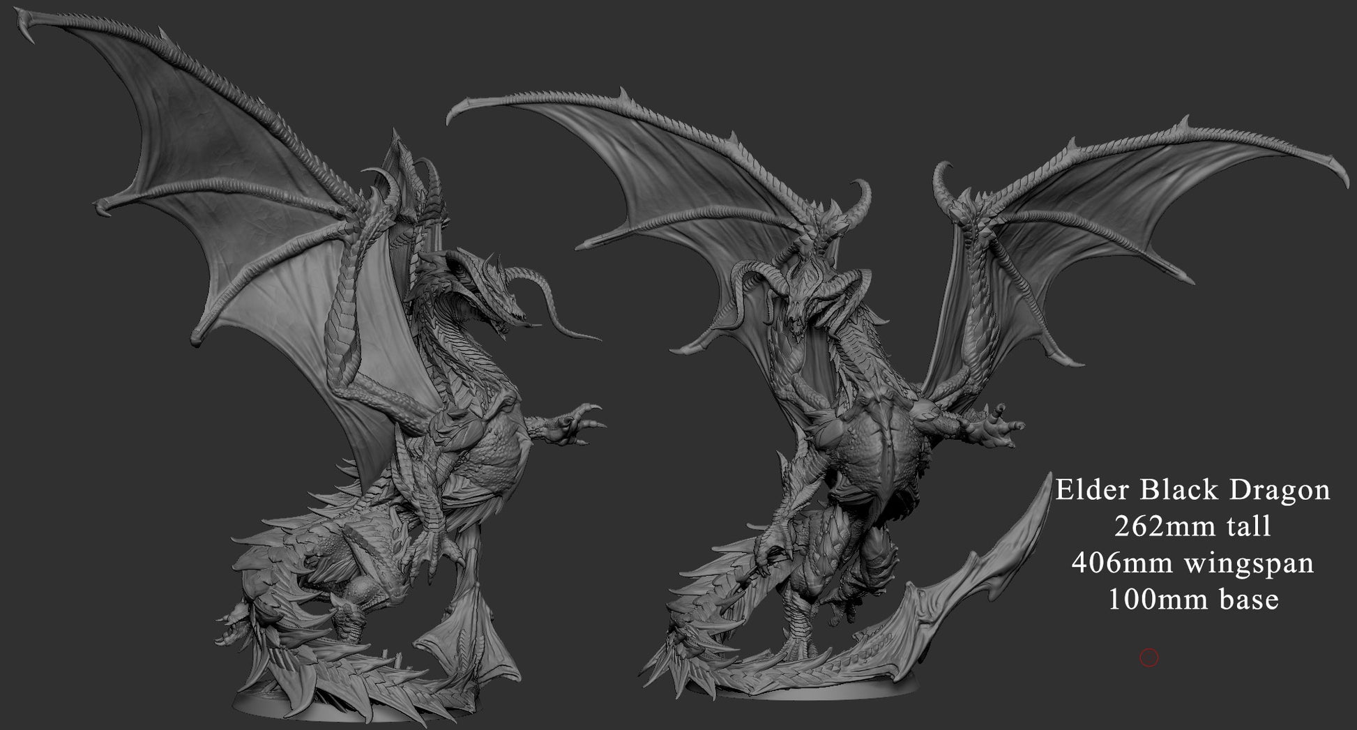 Unpainted Elder Black Dragon 3D model render, 262mm tall and 406mm wide, featuring massive wings, curled tail, and aggressive battle stance.