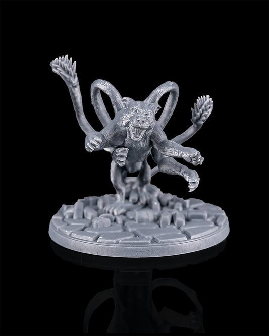 Displacer beast miniature front view from Beldrad's Bag of Beasts showing snarling panther face, clawed forelimbs, tentacled appendages, and dynamic stance, aberration monster for Dungeons & Dragons and Pathfinder campaigns