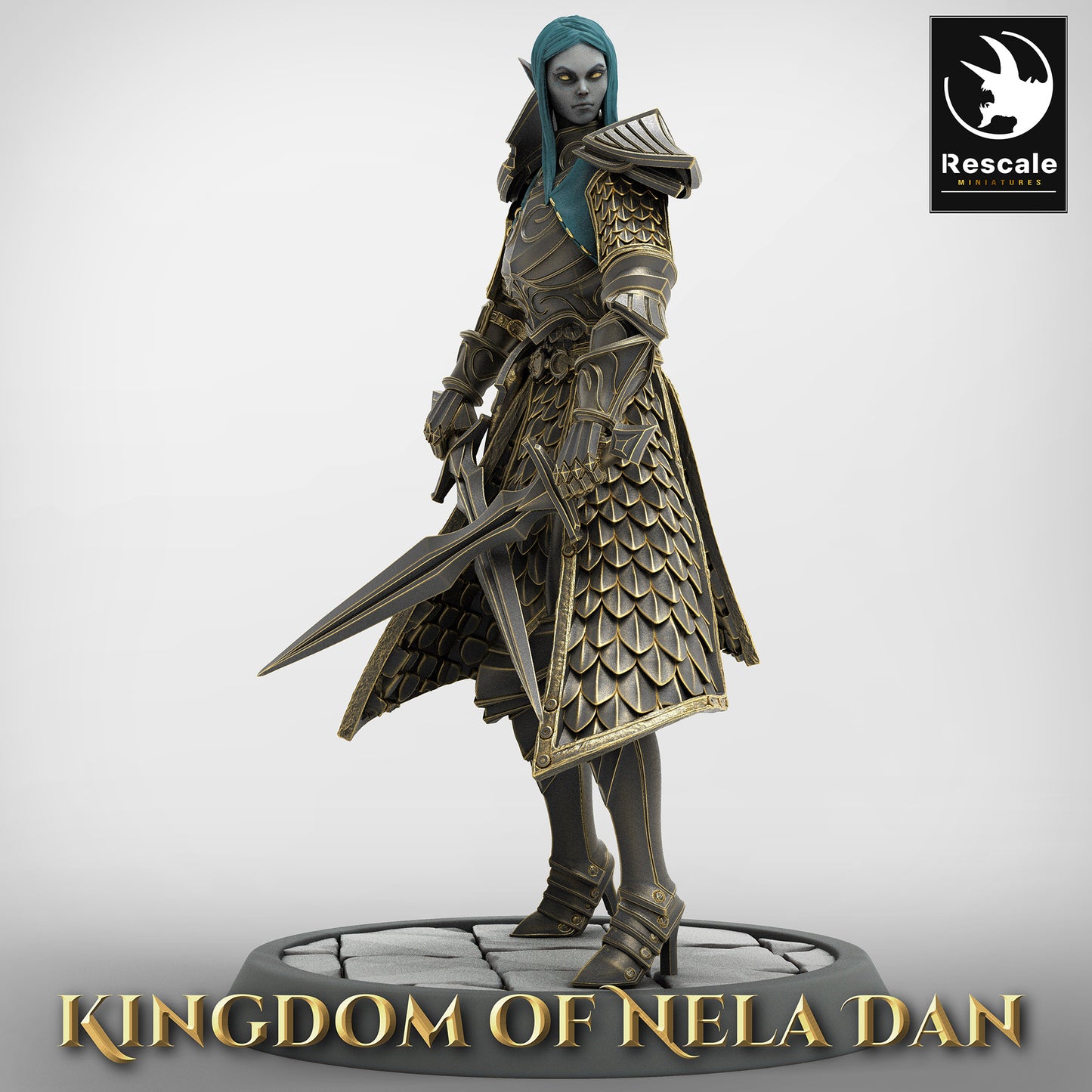 Elf soldier in a combat-ready pose, holding dual swords, wearing scale-like armor, and teal hair flowing behind.