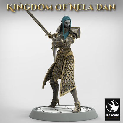 Elf soldier preparing for battle, holding a sword and dagger, showcasing intricate armor design and teal hair.