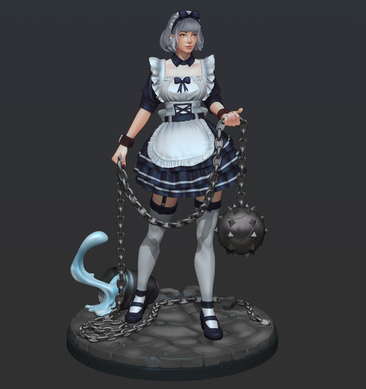 Elinda maid berserker miniature painted version holding heavy chain flail, apron dress uniform, broken bucket on stone base, fantasy Dungeons and Dragons character model