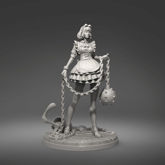 Elinda maid warrior miniature gray render front view with chained flail weapon, apron uniform, stone base with broken bucket detail, fantasy Dungeons and Dragons model