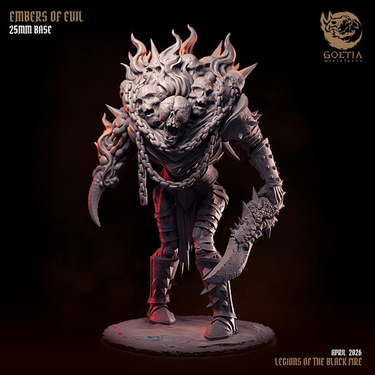 Embers of Evil skullbound abyssal reaper resin miniature with chained skull armor flaming black fire details hooked blade weapon and grimdark horror styling for Dungeons and Dragons Pathfinder Shadowdark and MORK BORG