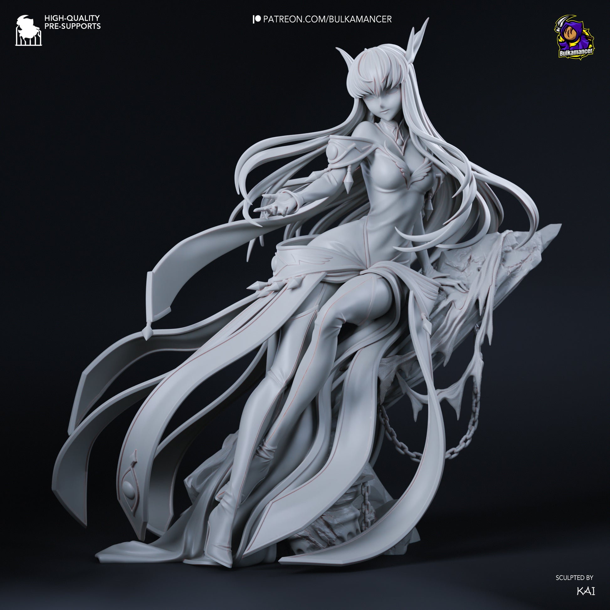 Empress CC Code Geass resin statue front view unpainted seated pose flowing hair anime figure sculpt
