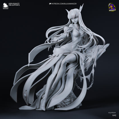 Empress CC Code Geass resin statue front view unpainted seated pose flowing hair anime figure sculpt
