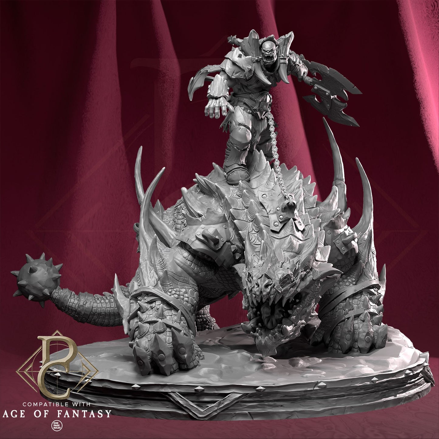 Kodark, The Conqueror riding an armored beast named Maw, ready for battle, detailed 3D printable model.