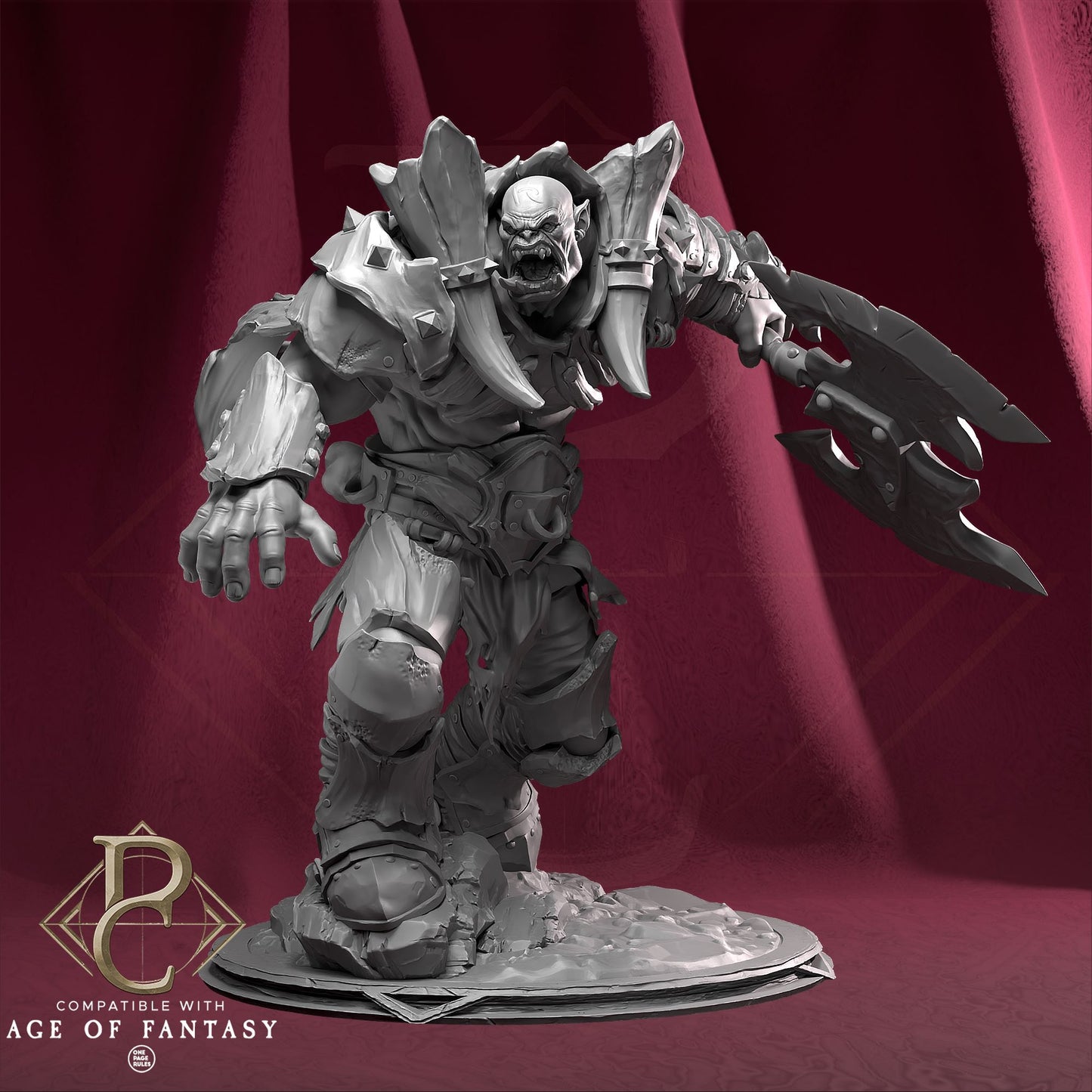 Kodark, The Conqueror, an armored orc warrior wielding a large battle axe, standing in an aggressive pose, 3D printable miniature.