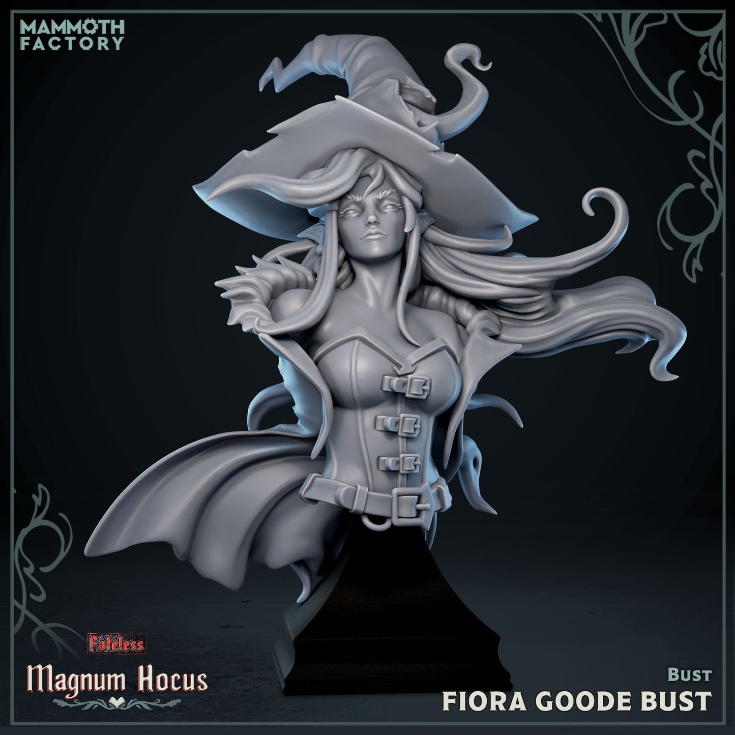 Fiora Goode witch display bust from Magnum Hocus by Mammoth Factory with flowing hair and pointed hat