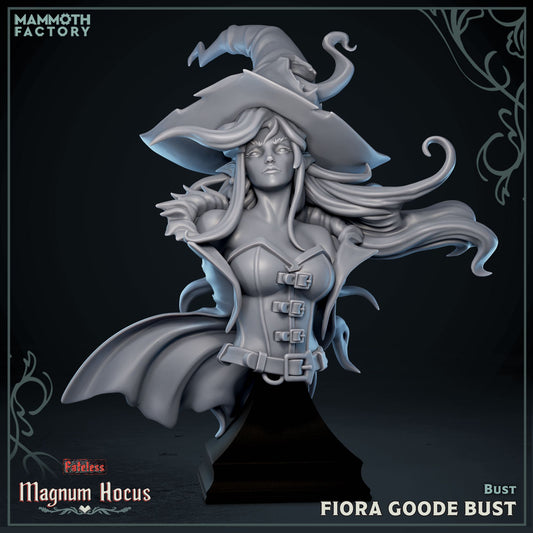 Fiora Goode witch display bust from Magnum Hocus by Mammoth Factory with flowing hair and pointed hat