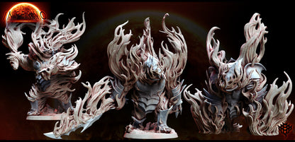 all three fire golem miniatures shown in varied flame-covered poses for use in fantasy TTRPGs