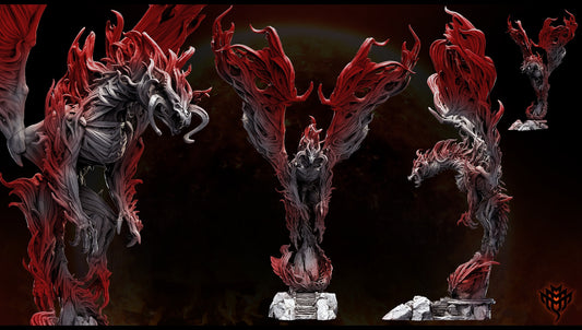 firelich demon colored render front and side views showing red and black flaming wings and skeletal body