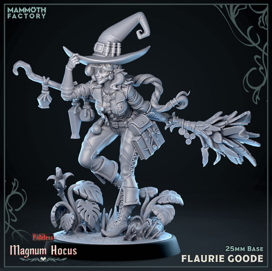 Flaurie Goode whimsical witch resin miniature flying on a broom through enchanted foliage from Magnum Hocus