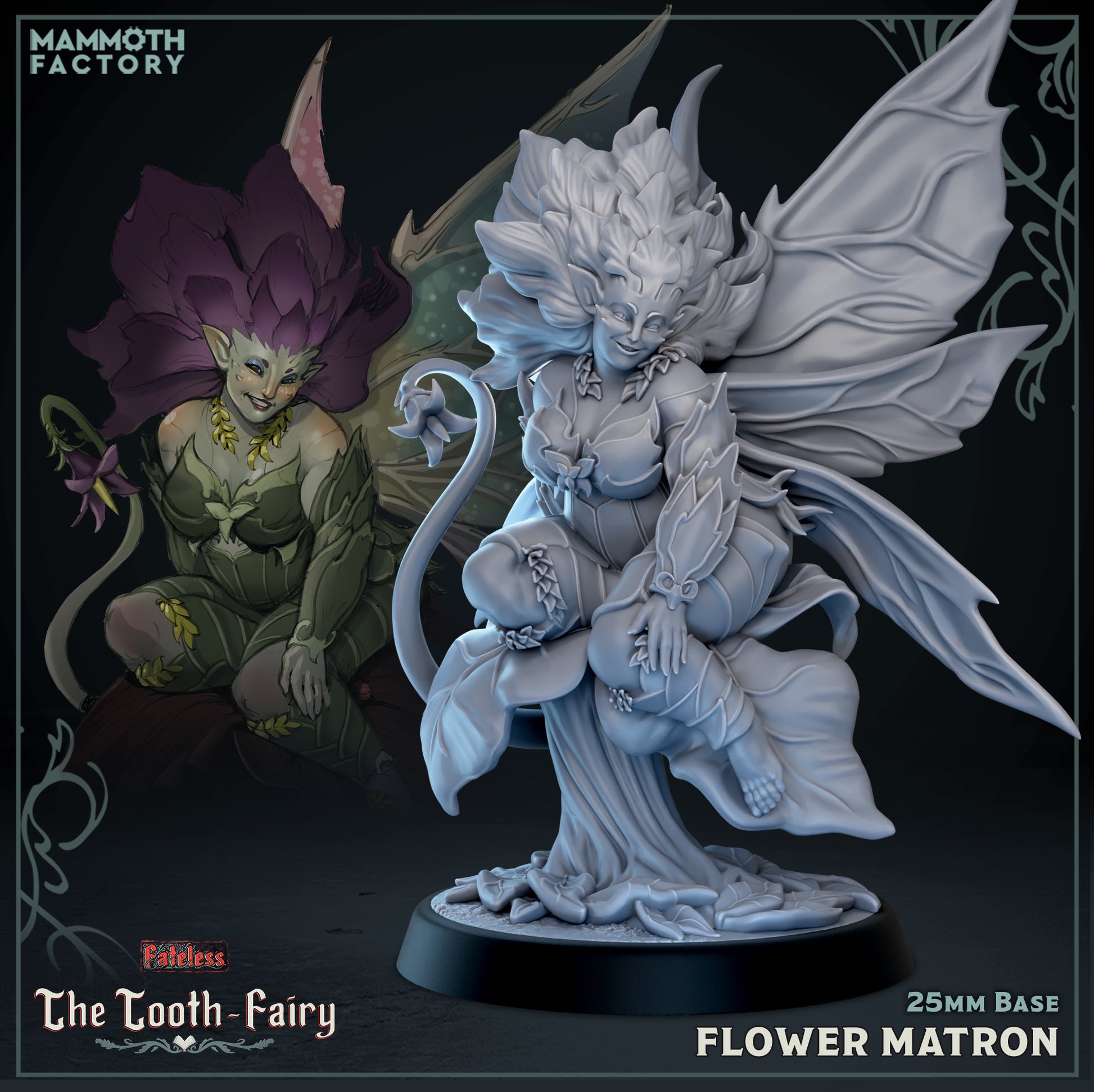 Flower Matron Fateless 25mm resin miniature featuring a winged fey spirit seated on a blooming flower with detailed botanical armor and butterfly wings.