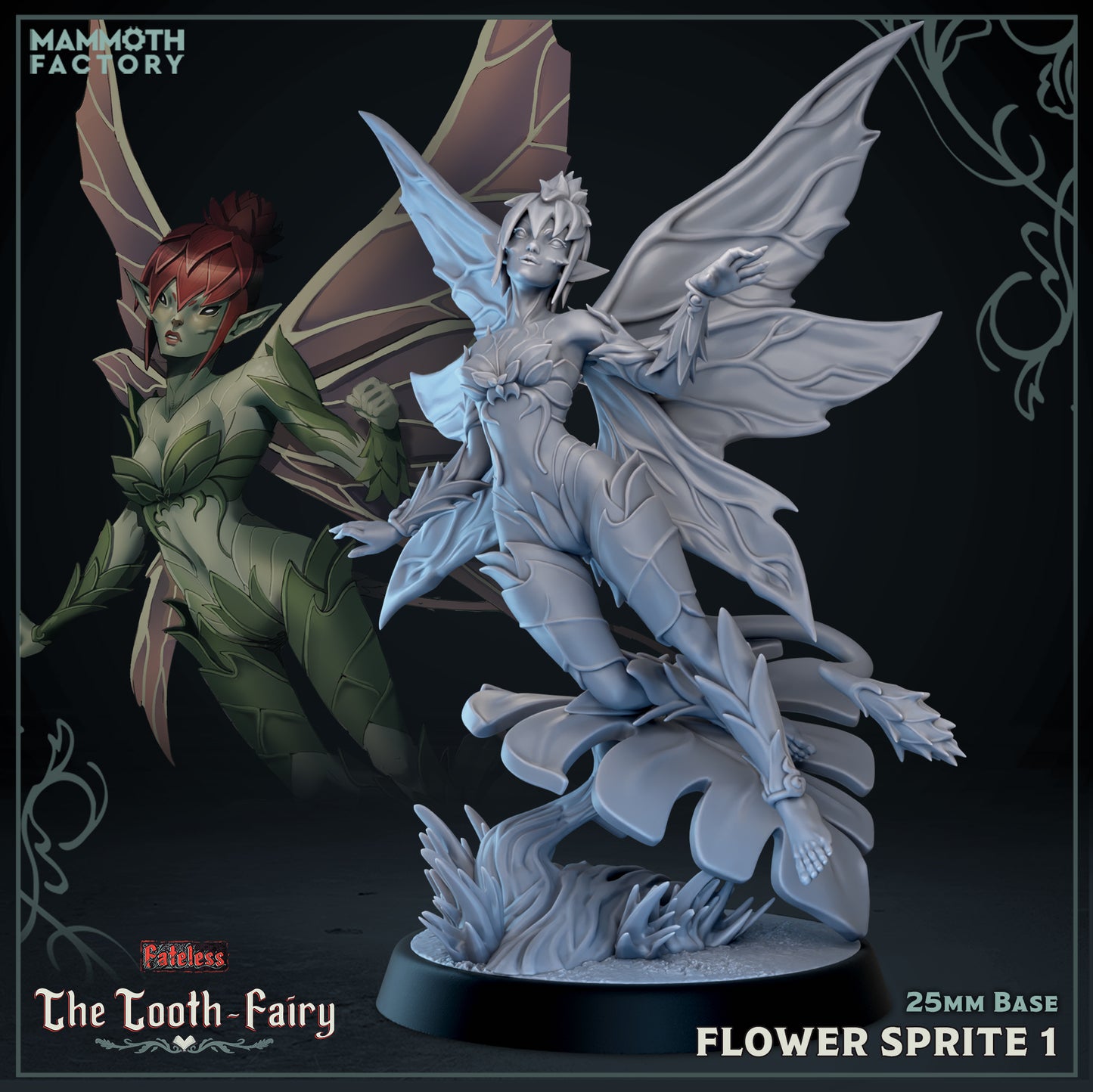 Flower Sprite 1 Fateless resin miniature featuring a graceful winged fey posed atop a blooming flower surrounded by woodland foliage.