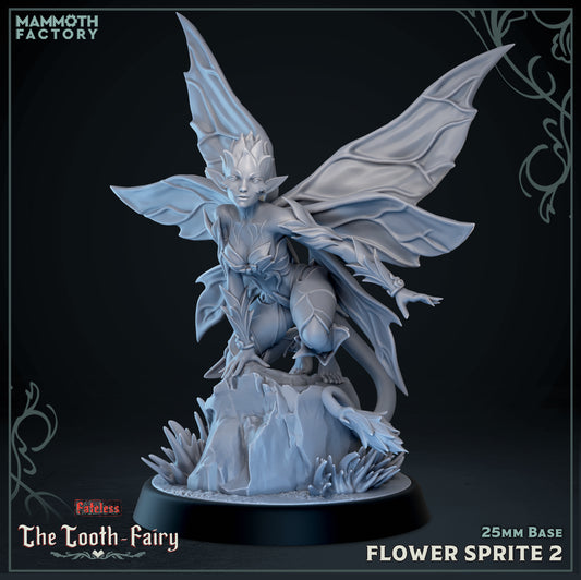 Flower Sprite 2 Fateless resin miniature featuring a crouching fairy scout perched on a rocky outcrop with expansive butterfly wings.
