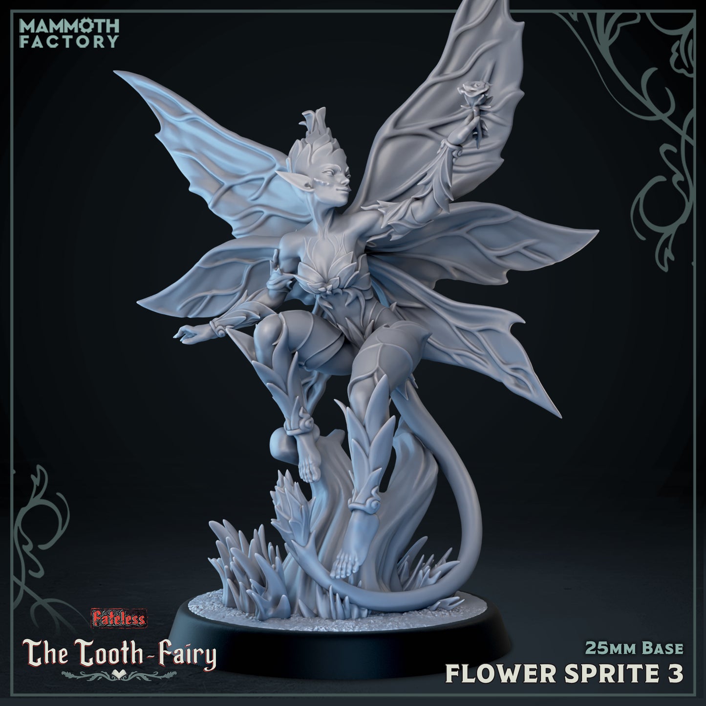 Flower Sprite 3 Fateless resin miniature featuring a winged fey holding a rose aloft while floating above twisting woodland growth.
