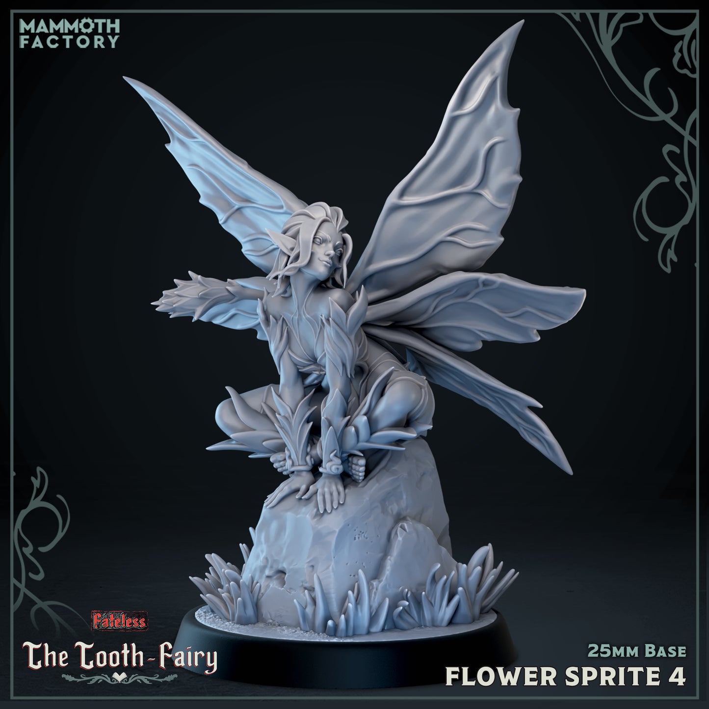 Flower Sprite 4 Fateless resin miniature featuring a seated fairy resting upon a stone while displaying elegant butterfly wings.